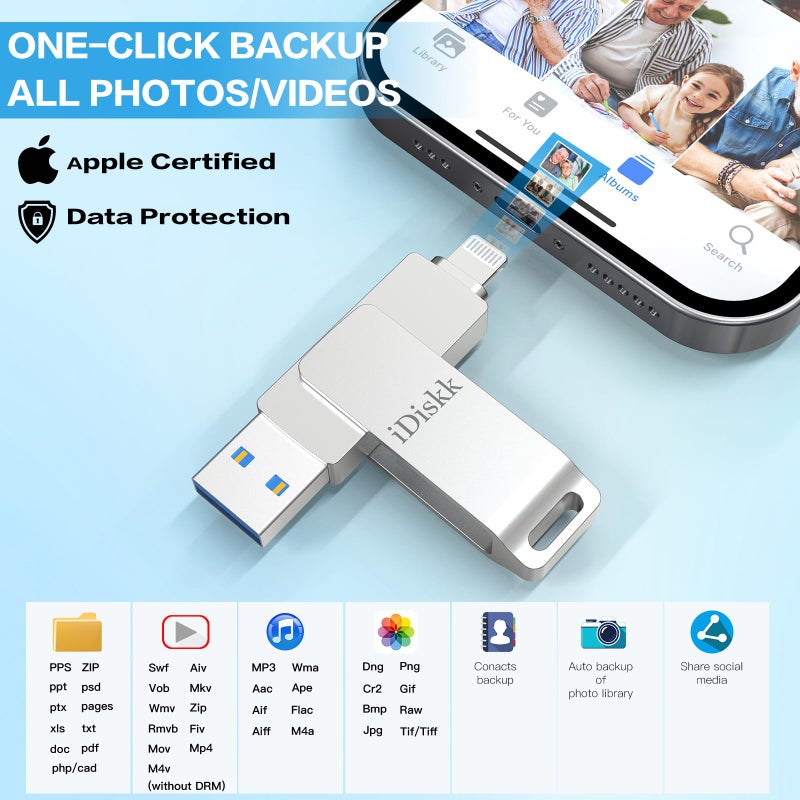 iDiskk 256GB iPhone Photo Storage Stick MFi Certified Flash Drive Photo Stick for iPhone (14/13/12/12 pro/12 pro max/11/11 Pro/XR/X) Flashdrive for iPhone iPad MacBook/Laptops/PC for Photos Videos - Image 3